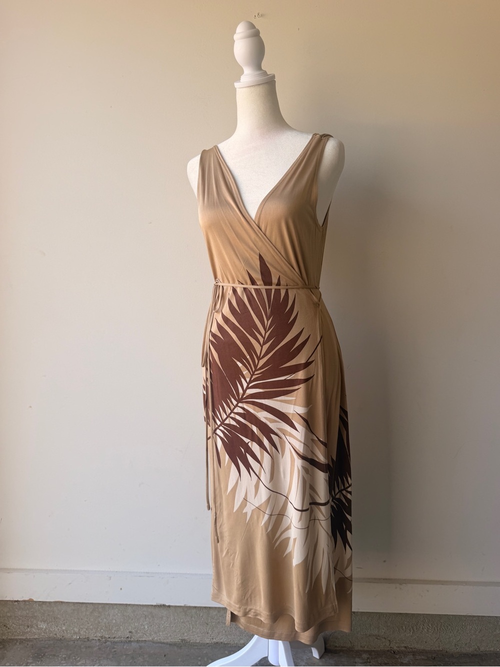The Limited 100% Silk Tan and Brown Palm-Print Wrap Midi Dress